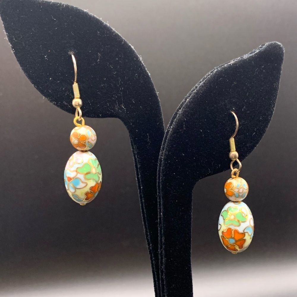 Cloisonné Flower Dangle Pierced Earrings French hook Vintage 80s